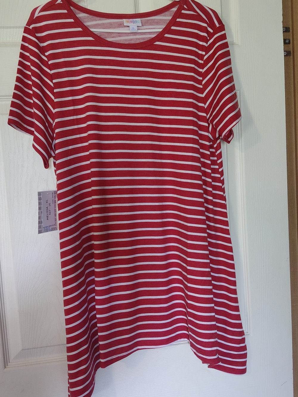 LuLaRoe Red and White Striped Short Sleeve Tee Or Dress